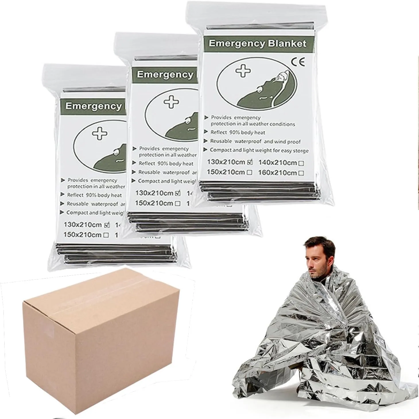 Emergency Foil Blanket (Pack of 100), Survival Thermal Mylar Blankets Individually Packaged Perfect for Outdoors, Hiking, Survival, Marathons or First Aid