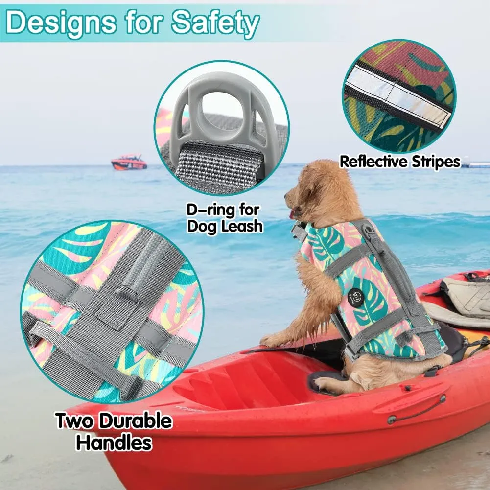 EMUST Dog Life Jacket, Lightweight Dog Life Vests with Rescue Handle for Small Medium and Large Dogs, Pet Safety Swimsuit Preserver for Swimming Pool Beach Boating, 2XL, Greenleaf