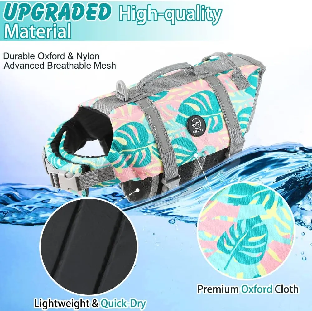 EMUST Dog Life Jacket, Lightweight Dog Life Vests with Rescue Handle for Small Medium and Large Dogs, Pet Safety Swimsuit Preserver for Swimming Pool Beach Boating, 2XL, Greenleaf