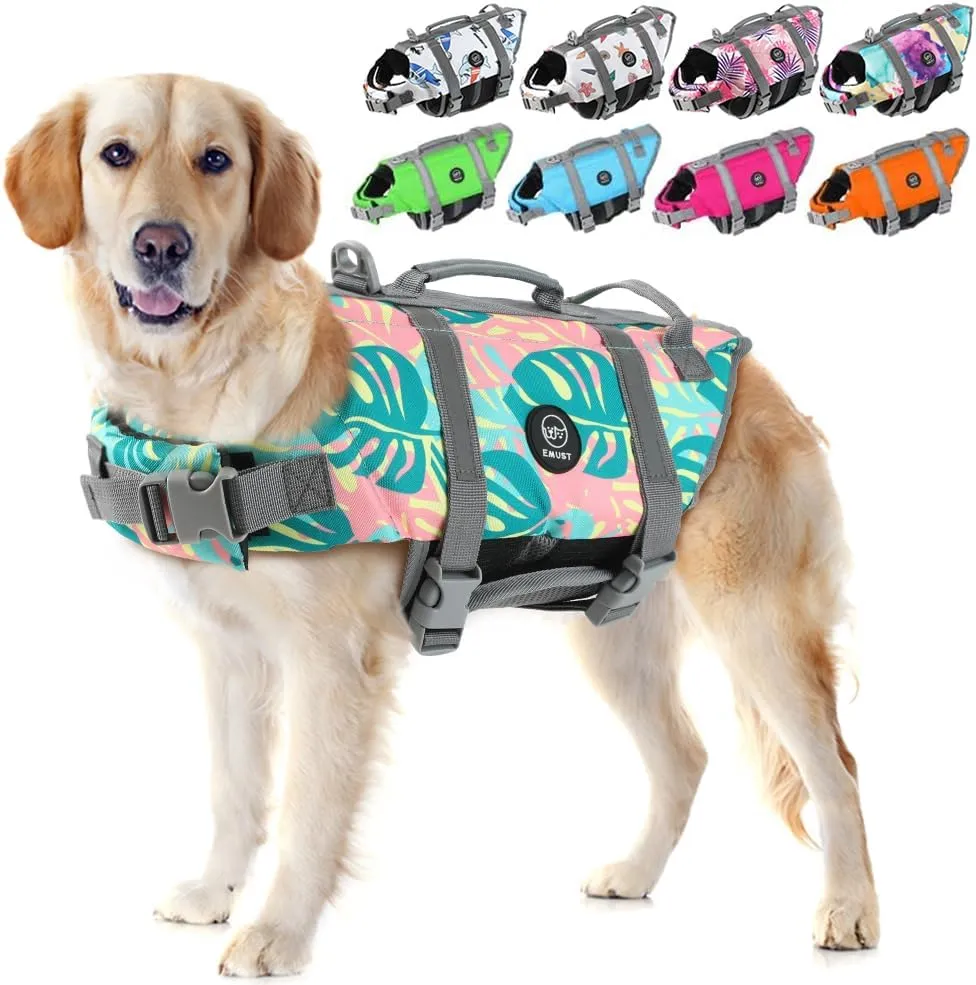EMUST Dog Life Jacket, Lightweight Dog Life Vests with Rescue Handle for Small Medium and Large Dogs, Pet Safety Swimsuit Preserver for Swimming Pool Beach Boating, 2XL, Greenleaf