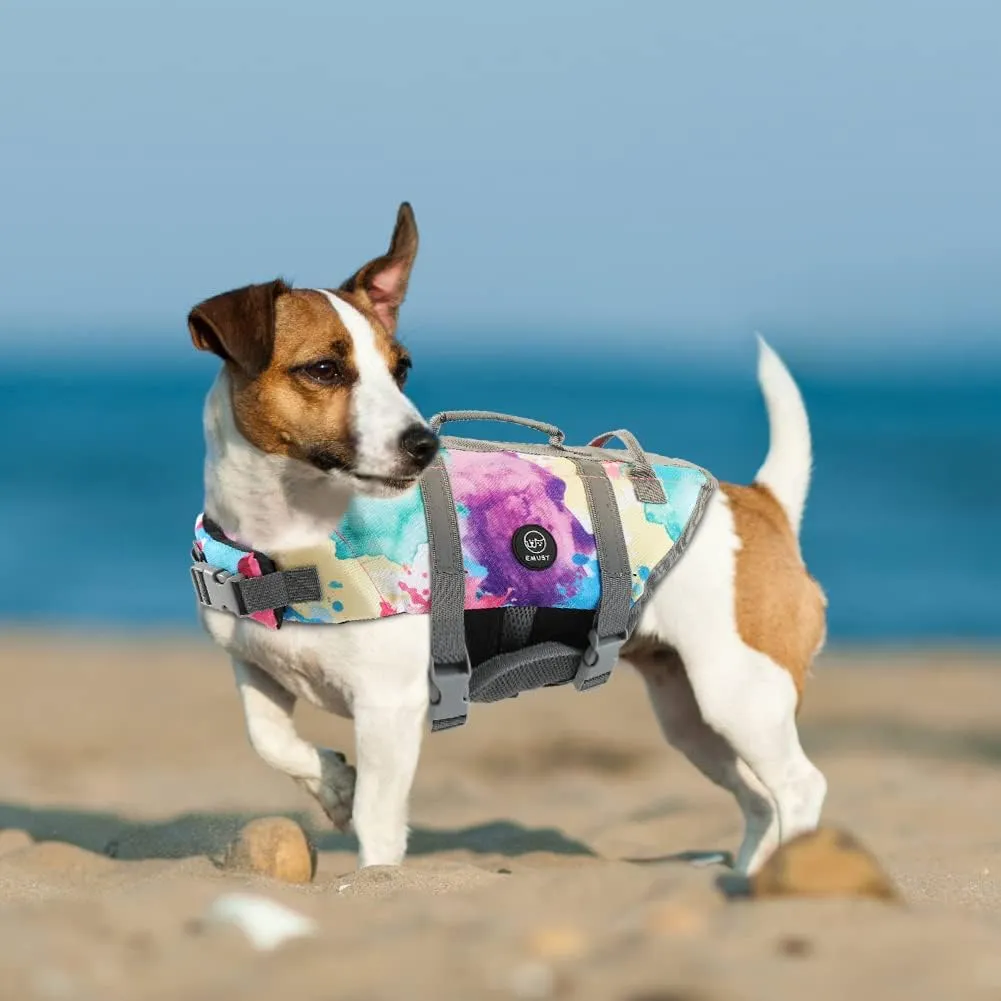 EMUST Dog Life Jacket, Lightweight Dog Life Vests with Rescue Handle for Small Medium and Large Dogs, Pet Safety Swimsuit Preserver for Swimming Pool Beach Boating, 2XL, Multicolors