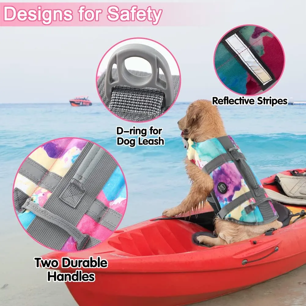 EMUST Dog Life Jacket, Lightweight Dog Life Vests with Rescue Handle for Small Medium and Large Dogs, Pet Safety Swimsuit Preserver for Swimming Pool Beach Boating, 2XL, Multicolors