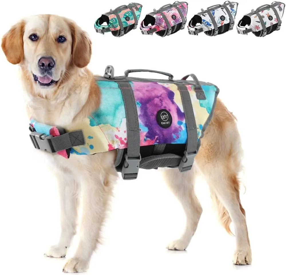 EMUST Dog Life Jacket, Lightweight Dog Life Vests with Rescue Handle for Small Medium and Large Dogs, Pet Safety Swimsuit Preserver for Swimming Pool Beach Boating, 2XL, Multicolors