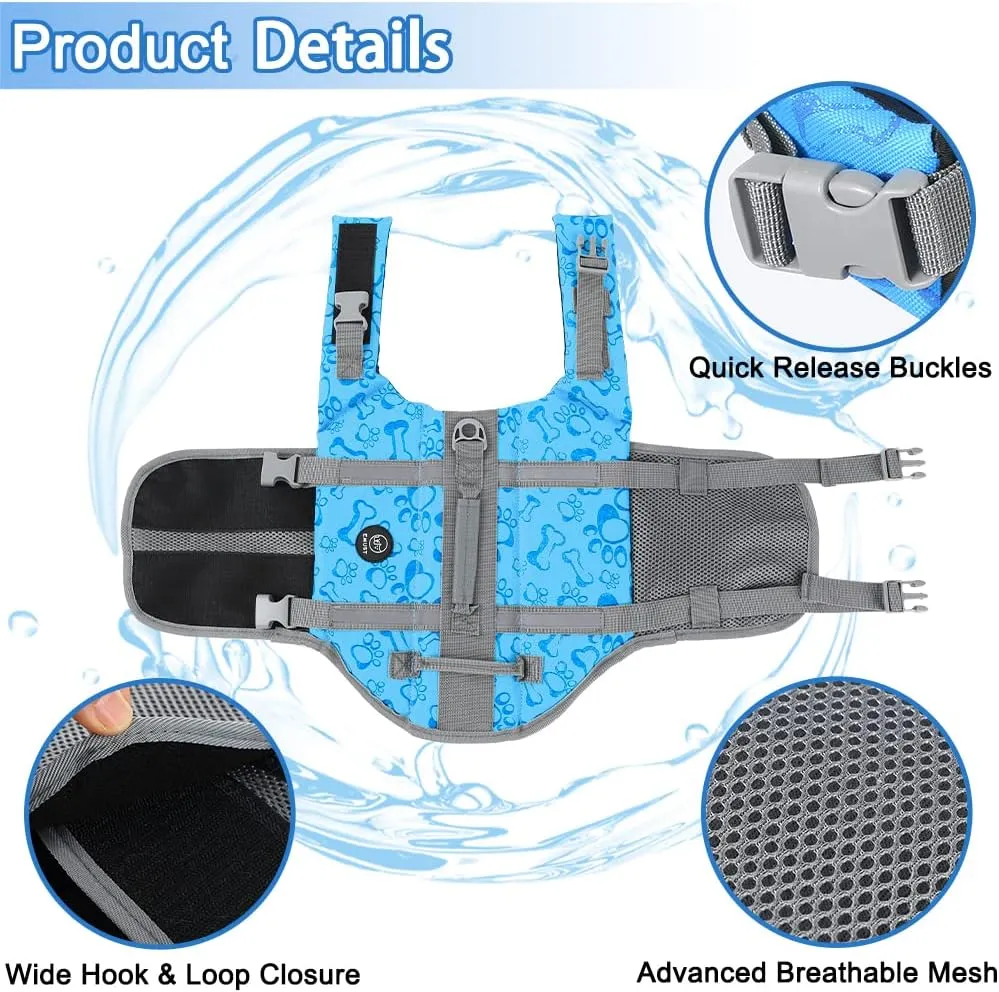 EMUST Dog Life Jacket, Lightweight Dog Life Vests with Rescue Handle for Small Medium and Large Dogs, Pet Safety Swimsuit Preserver for Swimming Pool Beach Boating, 2XL, NewBlue
