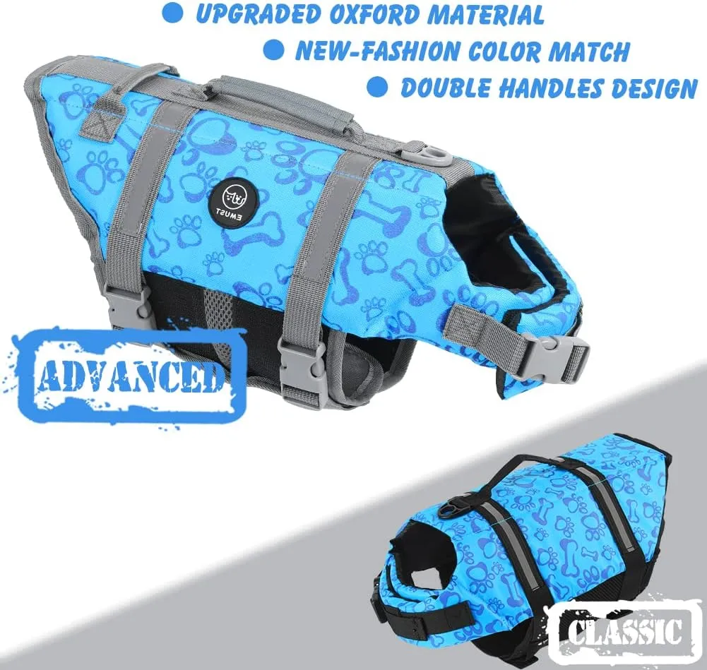 EMUST Dog Life Jacket, Lightweight Dog Life Vests with Rescue Handle for Small Medium and Large Dogs, Pet Safety Swimsuit Preserver for Swimming Pool Beach Boating, 2XL, NewBlue