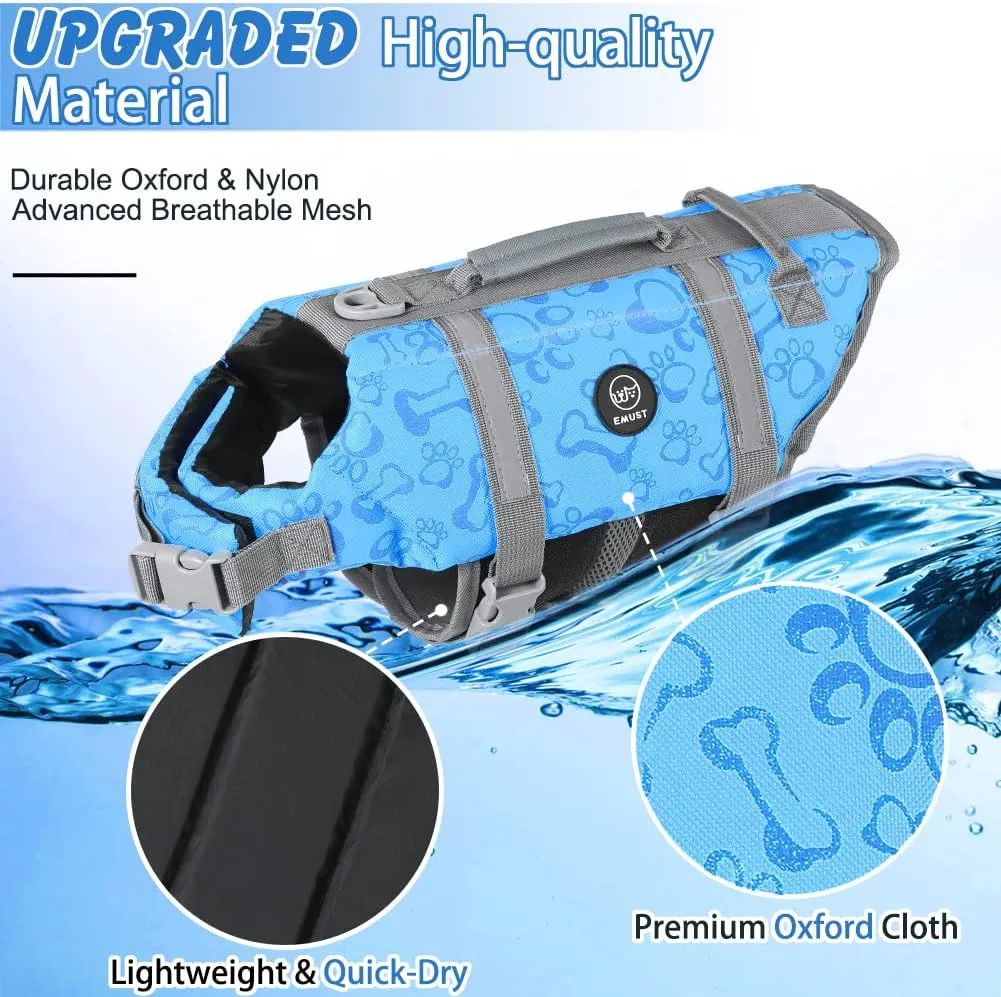 EMUST Dog Life Jacket, Lightweight Dog Life Vests with Rescue Handle for Small Medium and Large Dogs, Pet Safety Swimsuit Preserver for Swimming Pool Beach Boating, 2XL, NewBlue
