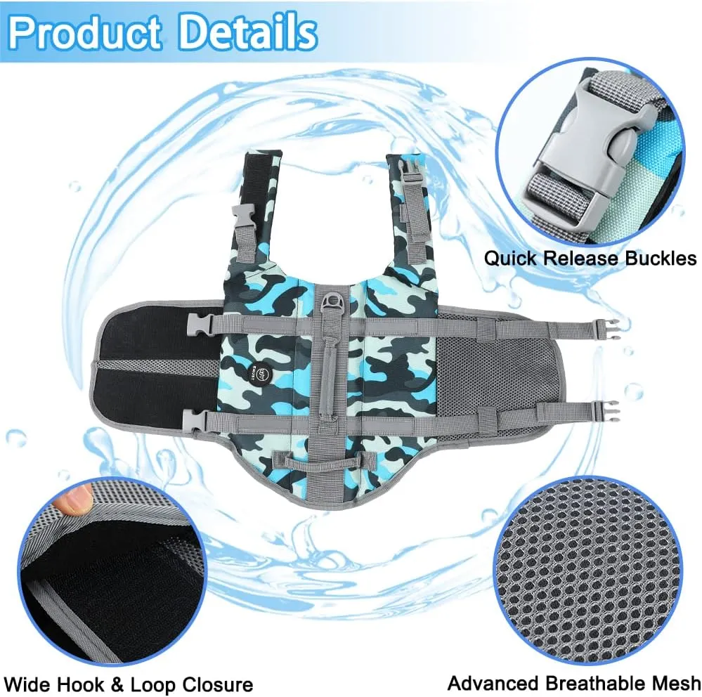 EMUST Dog Life Jacket, Lightweight Dog Life Vests with Rescue Handle for Small Medium and Large Dogs, Pet Safety Swimsuit Preserver for Swimming Pool Beach Boating, 2XL, NewBlueCamouflage