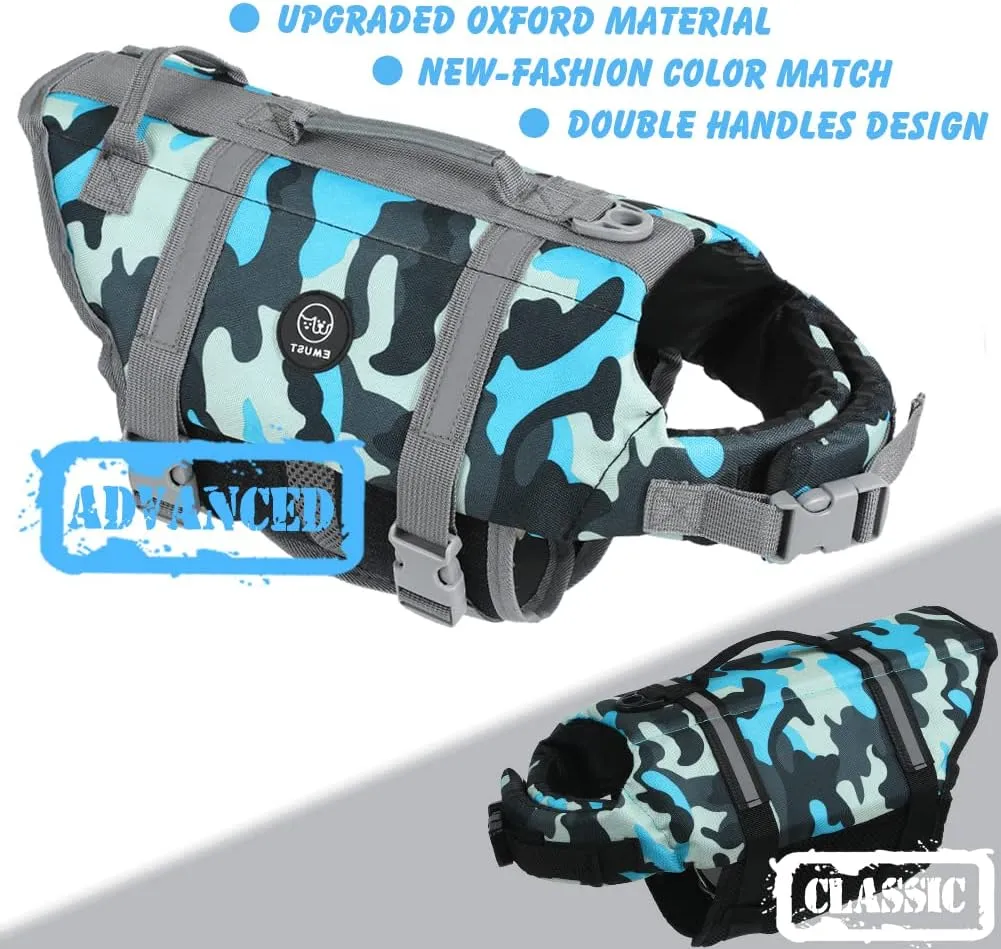 EMUST Dog Life Jacket, Lightweight Dog Life Vests with Rescue Handle for Small Medium and Large Dogs, Pet Safety Swimsuit Preserver for Swimming Pool Beach Boating, 2XL, NewBlueCamouflage