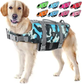 EMUST Dog Life Jacket, Lightweight Dog Life Vests with Rescue Handle for Small Medium and Large Dogs, Pet Safety Swimsuit Preserver for Swimming Pool Beach Boating, 2XL, NewBlueCamouflage