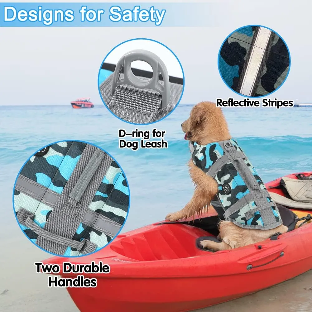 EMUST Dog Life Jacket, Lightweight Dog Life Vests with Rescue Handle for Small Medium and Large Dogs, Pet Safety Swimsuit Preserver for Swimming Pool Beach Boating, 2XL, NewBlueCamouflage