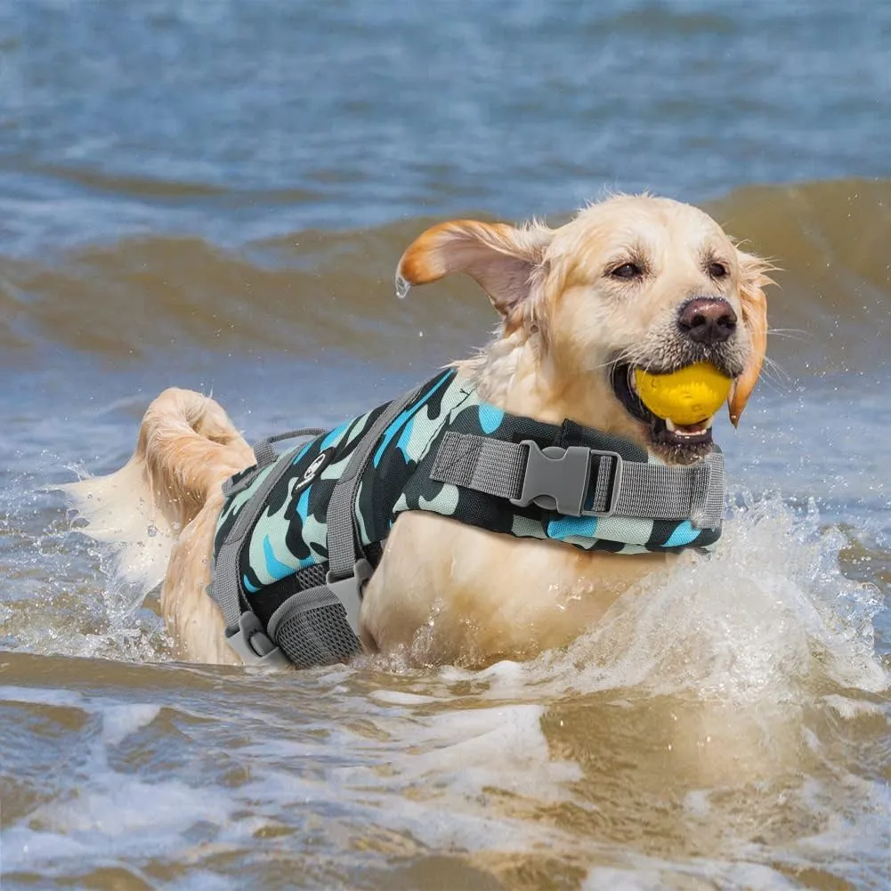 EMUST Dog Life Jacket, Lightweight Dog Life Vests with Rescue Handle for Small Medium and Large Dogs, Pet Safety Swimsuit Preserver for Swimming Pool Beach Boating, 2XL, NewBlueCamouflage