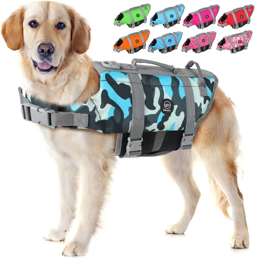 EMUST Dog Life Jacket, Lightweight Dog Life Vests with Rescue Handle for Small Medium and Large Dogs, Pet Safety Swimsuit Preserver for Swimming Pool Beach Boating, 2XL, NewBlueCamouflage