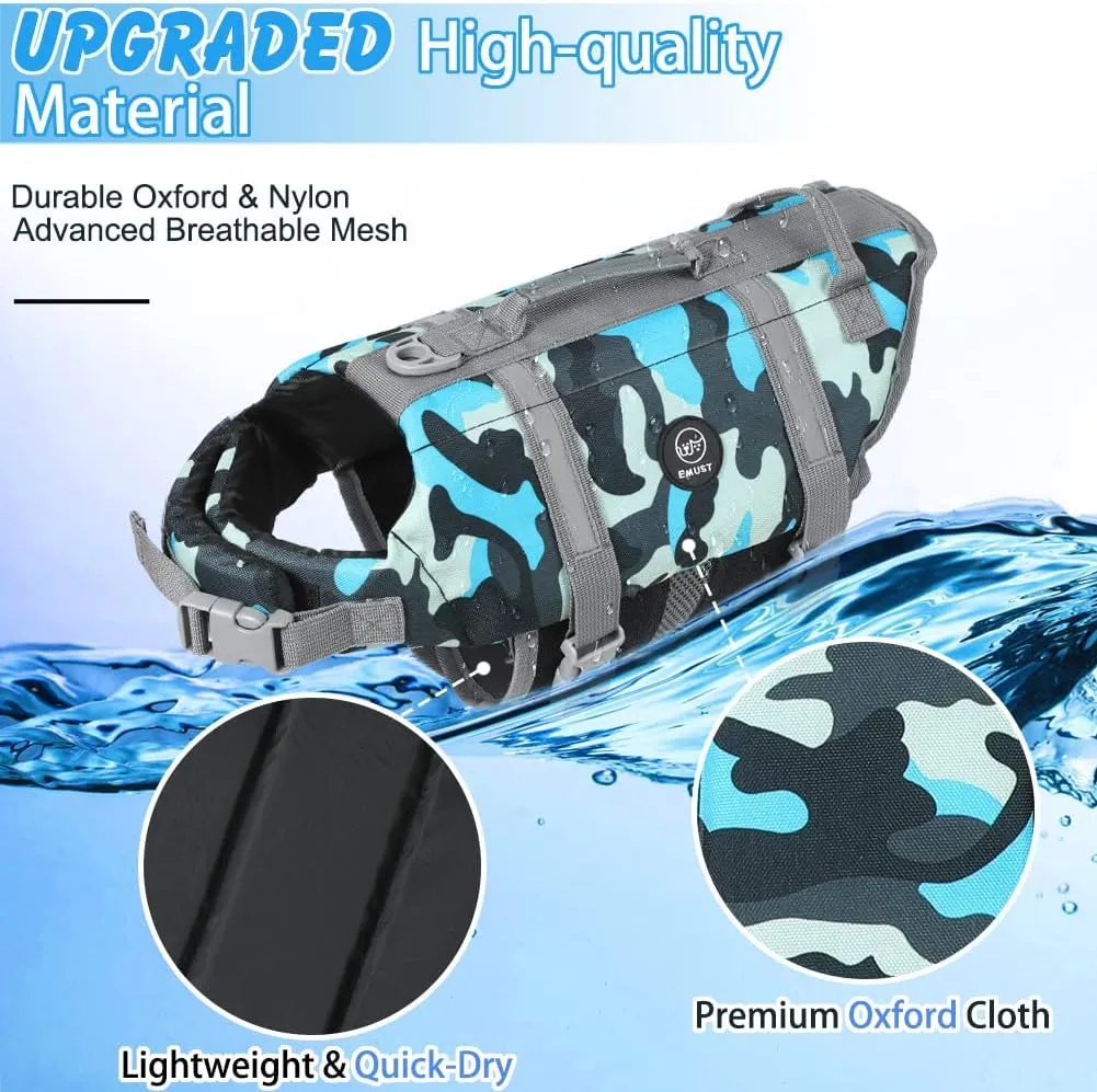 EMUST Dog Life Jacket, Lightweight Dog Life Vests with Rescue Handle for Small Medium and Large Dogs, Pet Safety Swimsuit Preserver for Swimming Pool Beach Boating, 2XL, NewBlueCamouflage