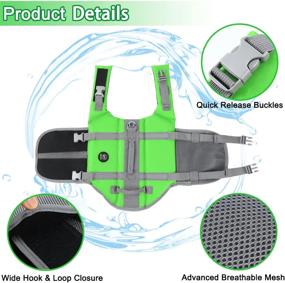EMUST Dog Life Jacket, Lightweight Dog Life Vests with Rescue Handle for Small Medium and Large Dogs, Pet Safety Swimsuit Preserver for Swimming Pool Beach Boating, 2XL, NewGreen