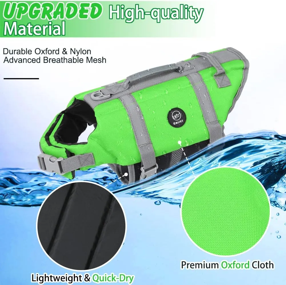 EMUST Dog Life Jacket, Lightweight Dog Life Vests with Rescue Handle for Small Medium and Large Dogs, Pet Safety Swimsuit Preserver for Swimming Pool Beach Boating, 2XL, NewGreen