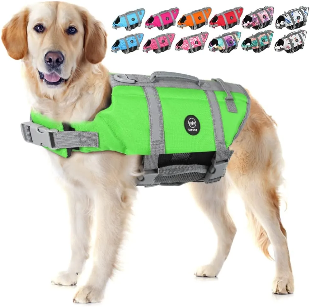 EMUST Dog Life Jacket, Lightweight Dog Life Vests with Rescue Handle for Small Medium and Large Dogs, Pet Safety Swimsuit Preserver for Swimming Pool Beach Boating, 2XL, NewGreen