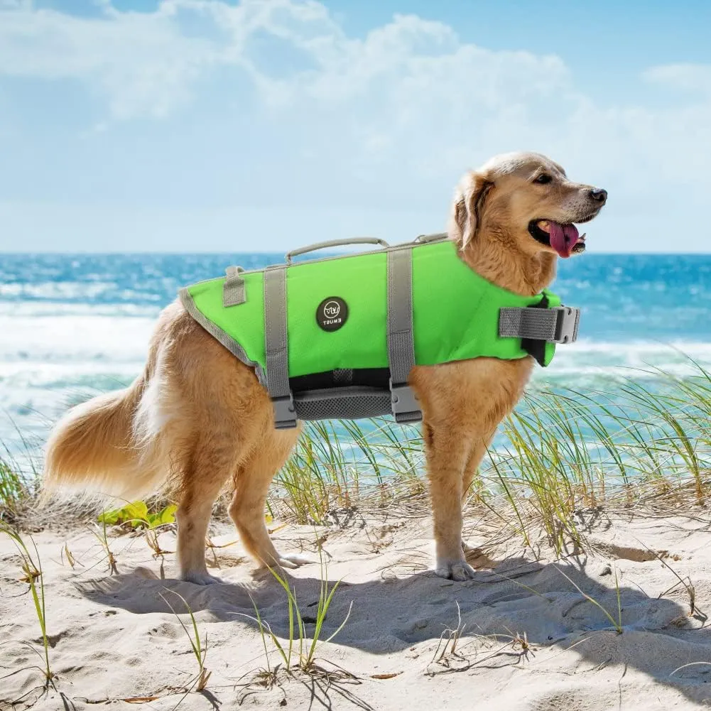 EMUST Dog Life Jacket, Lightweight Dog Life Vests with Rescue Handle for Small Medium and Large Dogs, Pet Safety Swimsuit Preserver for Swimming Pool Beach Boating, 2XL, NewGreen