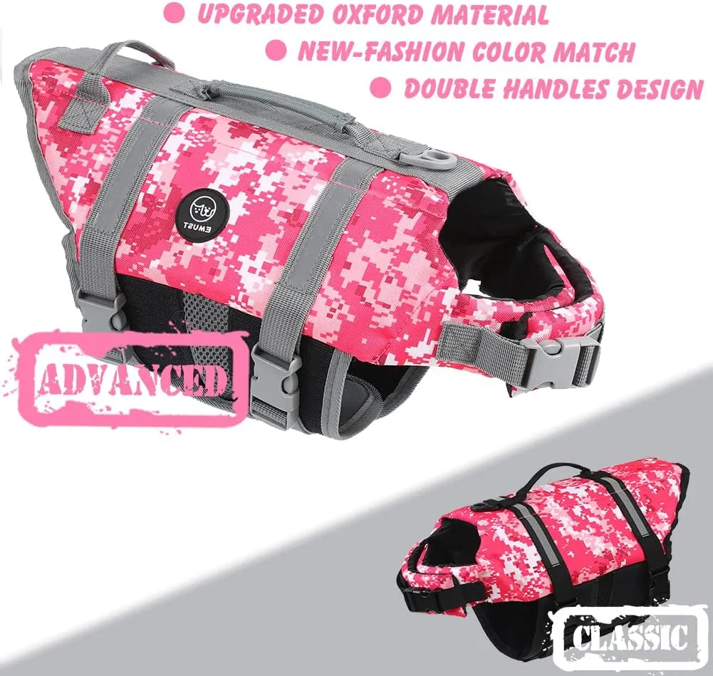 EMUST Dog Life Jacket, Lightweight Dog Life Vests with Rescue Handle for Small Medium and Large Dogs, Pet Safety Swimsuit Preserver for Swimming Pool Beach Boating, 2XL, NewPinkCamouflage