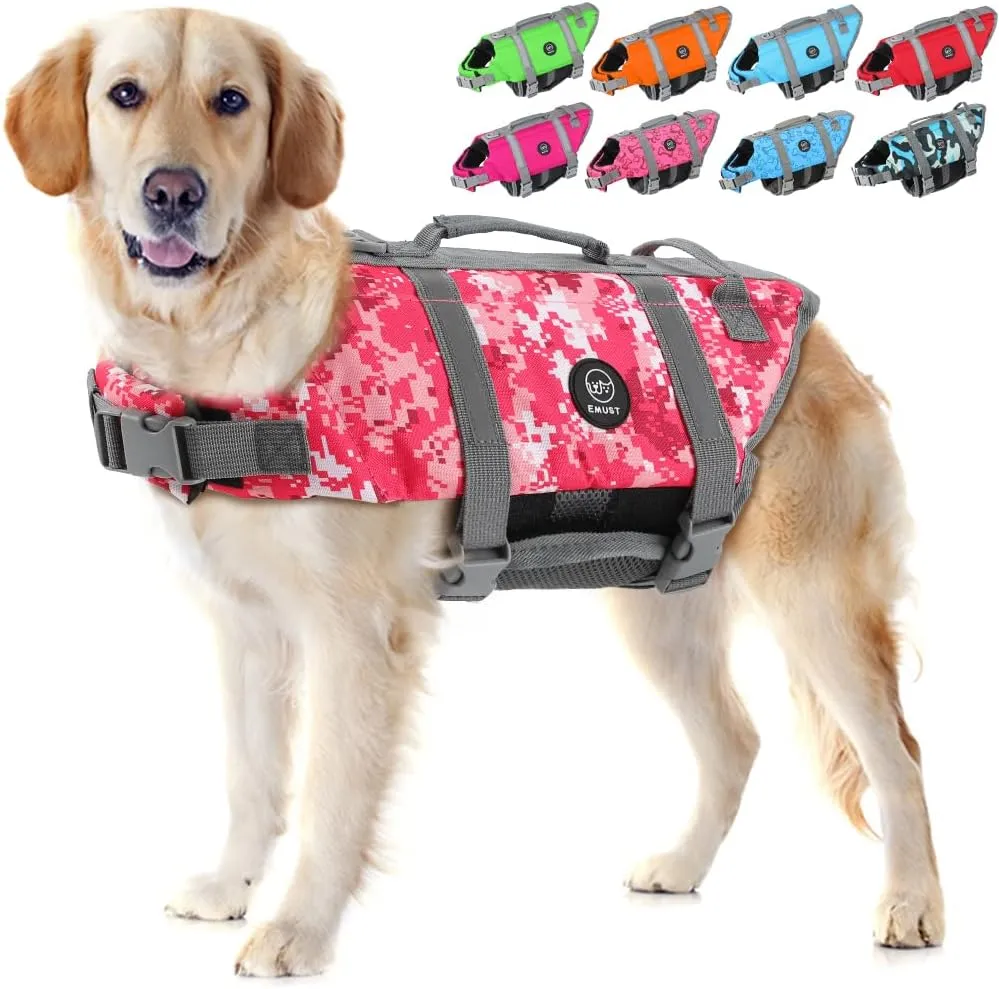 EMUST Dog Life Jacket, Lightweight Dog Life Vests with Rescue Handle for Small Medium and Large Dogs, Pet Safety Swimsuit Preserver for Swimming Pool Beach Boating, 2XL, NewPinkCamouflage