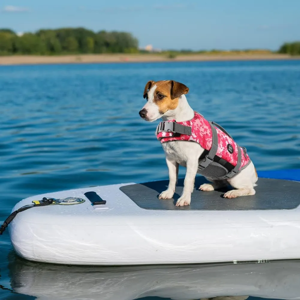 EMUST Dog Life Jacket, Lightweight Dog Life Vests with Rescue Handle for Small Medium and Large Dogs, Pet Safety Swimsuit Preserver for Swimming Pool Beach Boating, 2XL, NewPinkCamouflage