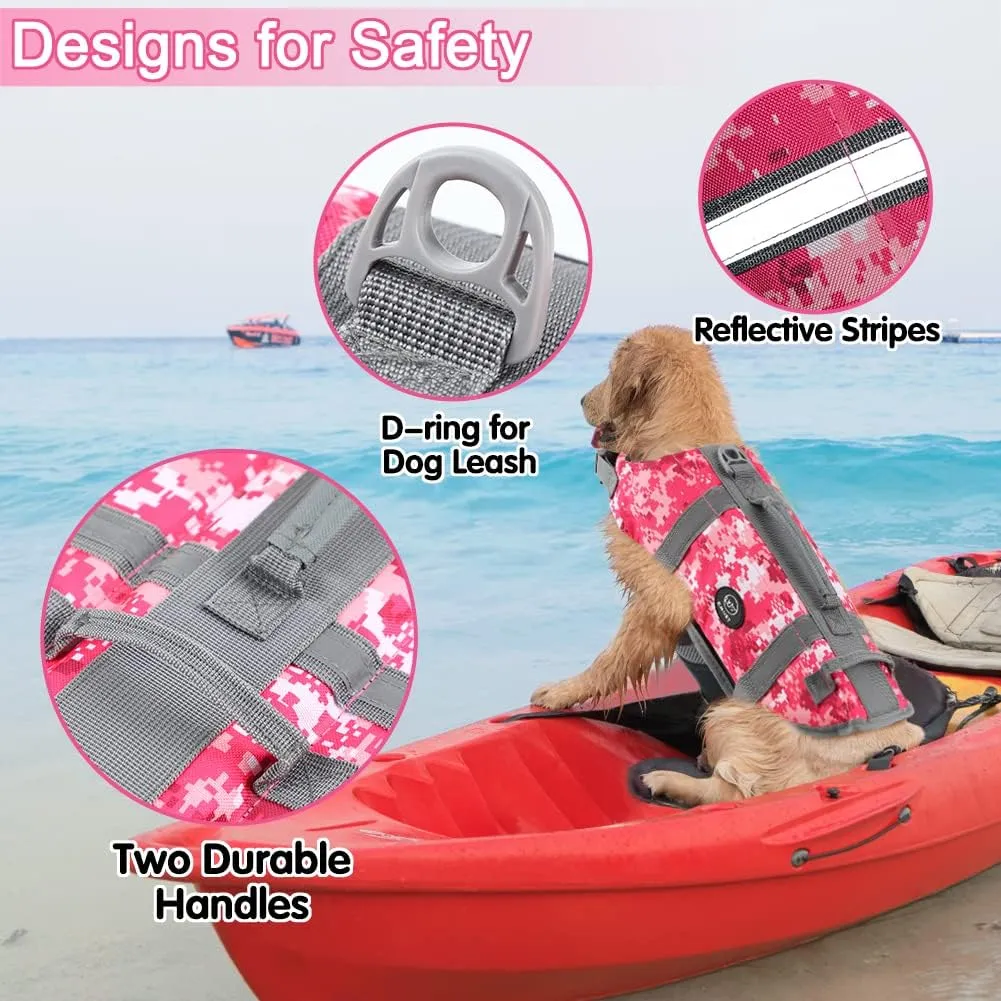 EMUST Dog Life Jacket, Lightweight Dog Life Vests with Rescue Handle for Small Medium and Large Dogs, Pet Safety Swimsuit Preserver for Swimming Pool Beach Boating, 2XL, NewPinkCamouflage