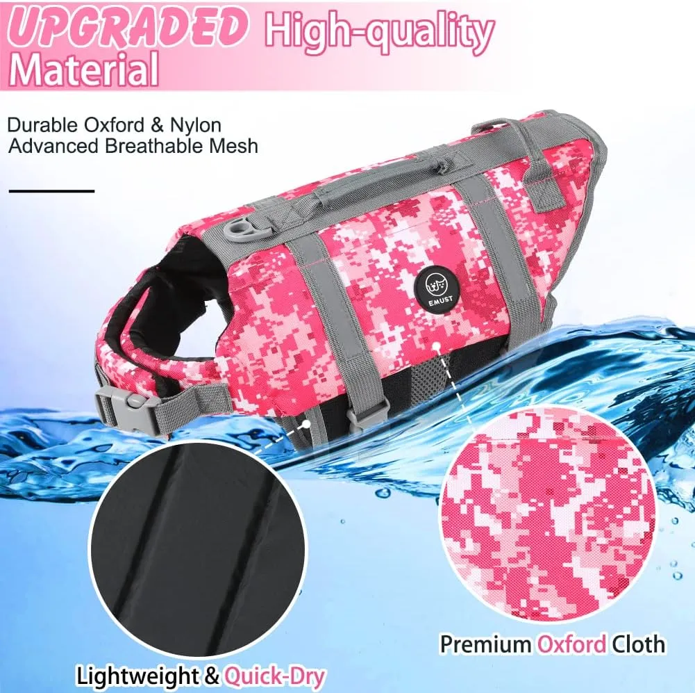 EMUST Dog Life Jacket, Lightweight Dog Life Vests with Rescue Handle for Small Medium and Large Dogs, Pet Safety Swimsuit Preserver for Swimming Pool Beach Boating, 2XL, NewPinkCamouflage