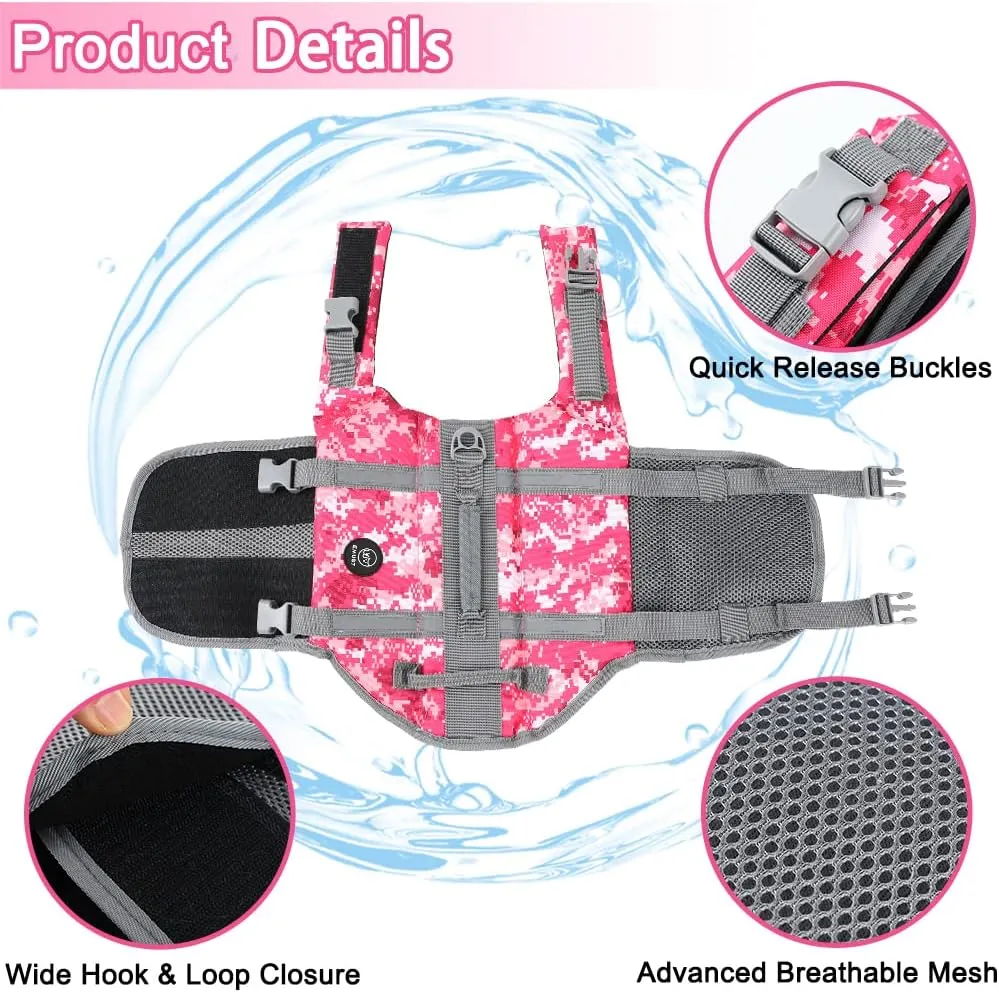 EMUST Dog Life Jacket, Lightweight Dog Life Vests with Rescue Handle for Small Medium and Large Dogs, Pet Safety Swimsuit Preserver for Swimming Pool Beach Boating, 2XL, NewPinkCamouflage