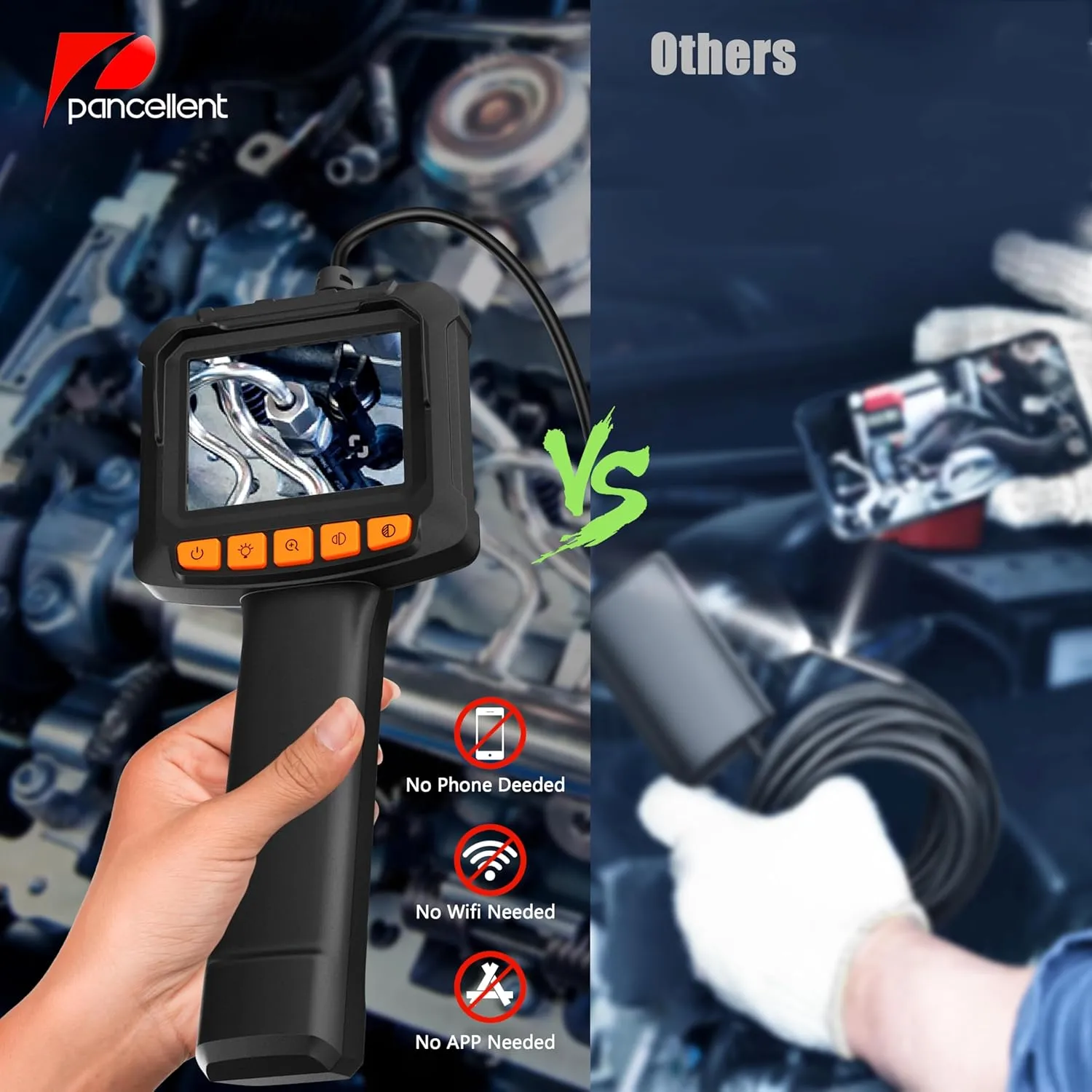 Endoscope Camera with Light, Pancellent 1920P Inspection Snake, HD Color Display, Waterproof Industrial Borescope with 8 Adjustable LED,16.5ft Semi-Rigid Cable Sewer Camera (Getting Start Level)