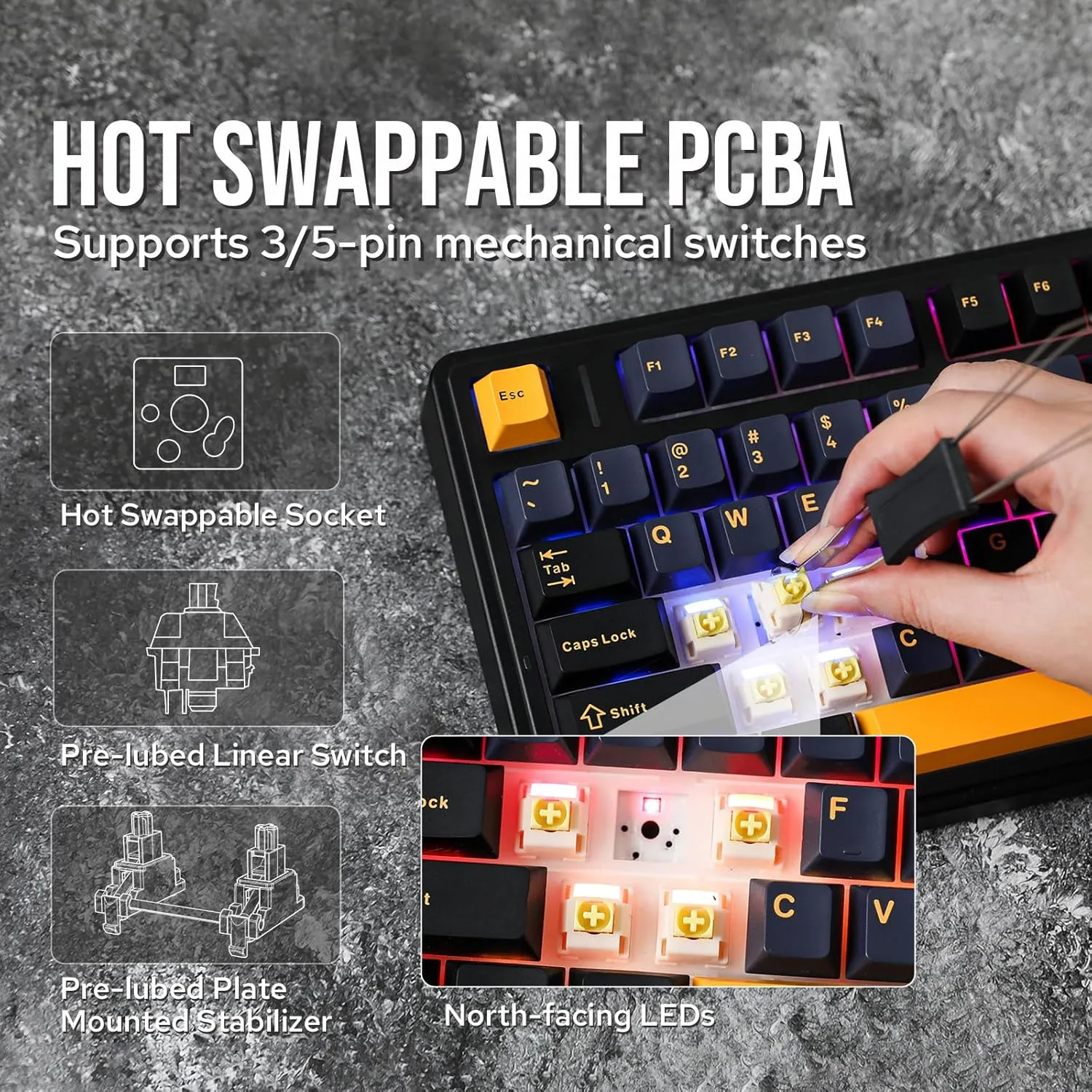 EPOMAKER x Aula F75 Gasket Mechanical Keyboard, 75% Wireless Hot Swappable Gaming Keyboard with Five-Layer Padding&Knob, Bluetooth/2.4GHz/USB-C, RGB (Black, Ice Vein Switch)