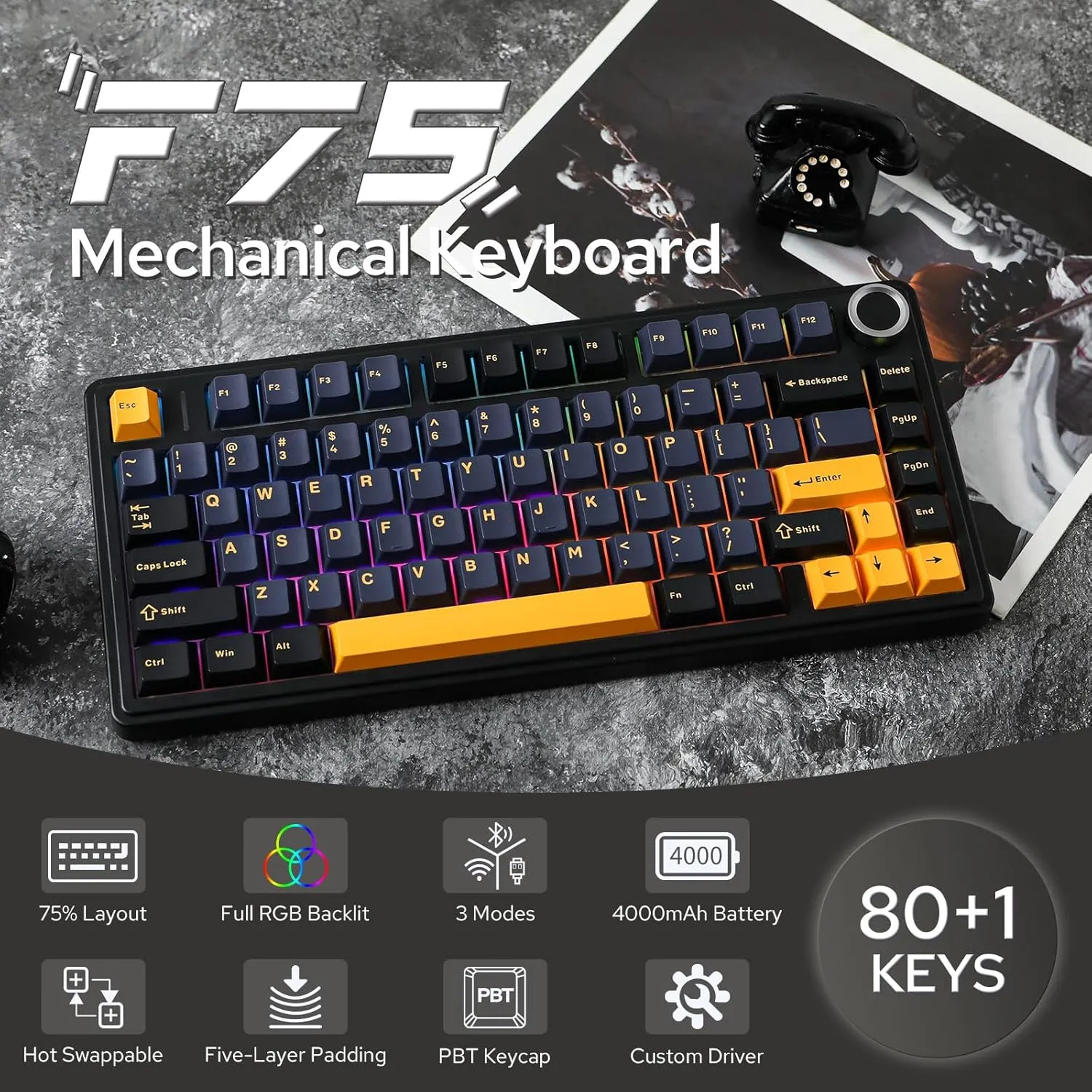 EPOMAKER x Aula F75 Gasket Mechanical Keyboard, 75% Wireless Hot Swappable Gaming Keyboard with Five-Layer Padding&Knob, Bluetooth/2.4GHz/USB-C, RGB (Black, Ice Vein Switch)