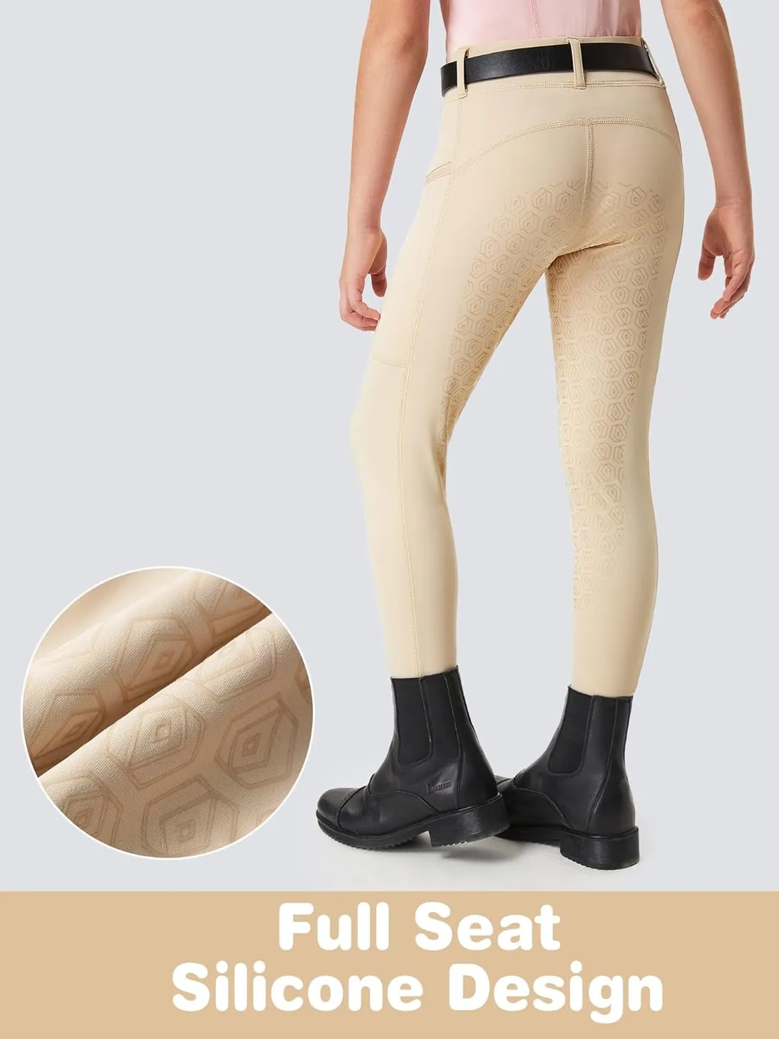 FitsT4 Sports Girls Riding Pants Full Seat Kids Equestrian Breeches Stretchy Youth Horse Schooling Tights Zipper Pockets