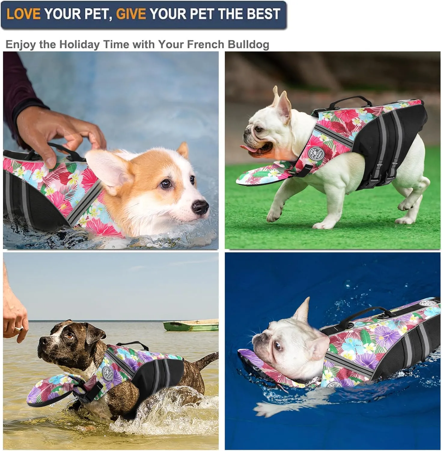 French Bulldog Life Jacket, Life Vest with Chin Float Rescue Handle for Corgi Pug, Adjustable High Visibility Flotation Swim Vest for Swimming Boating (Floral Pink)