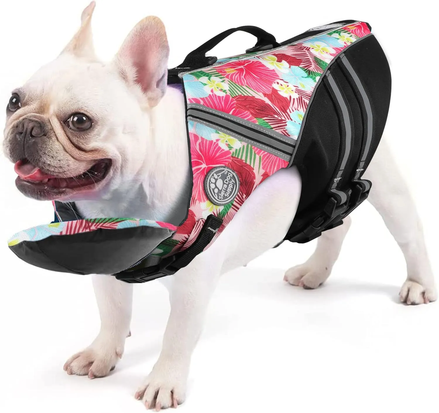 French Bulldog Life Jacket, Life Vest with Chin Float Rescue Handle for Corgi Pug, Adjustable High Visibility Flotation Swim Vest for Swimming Boating (Floral Pink)