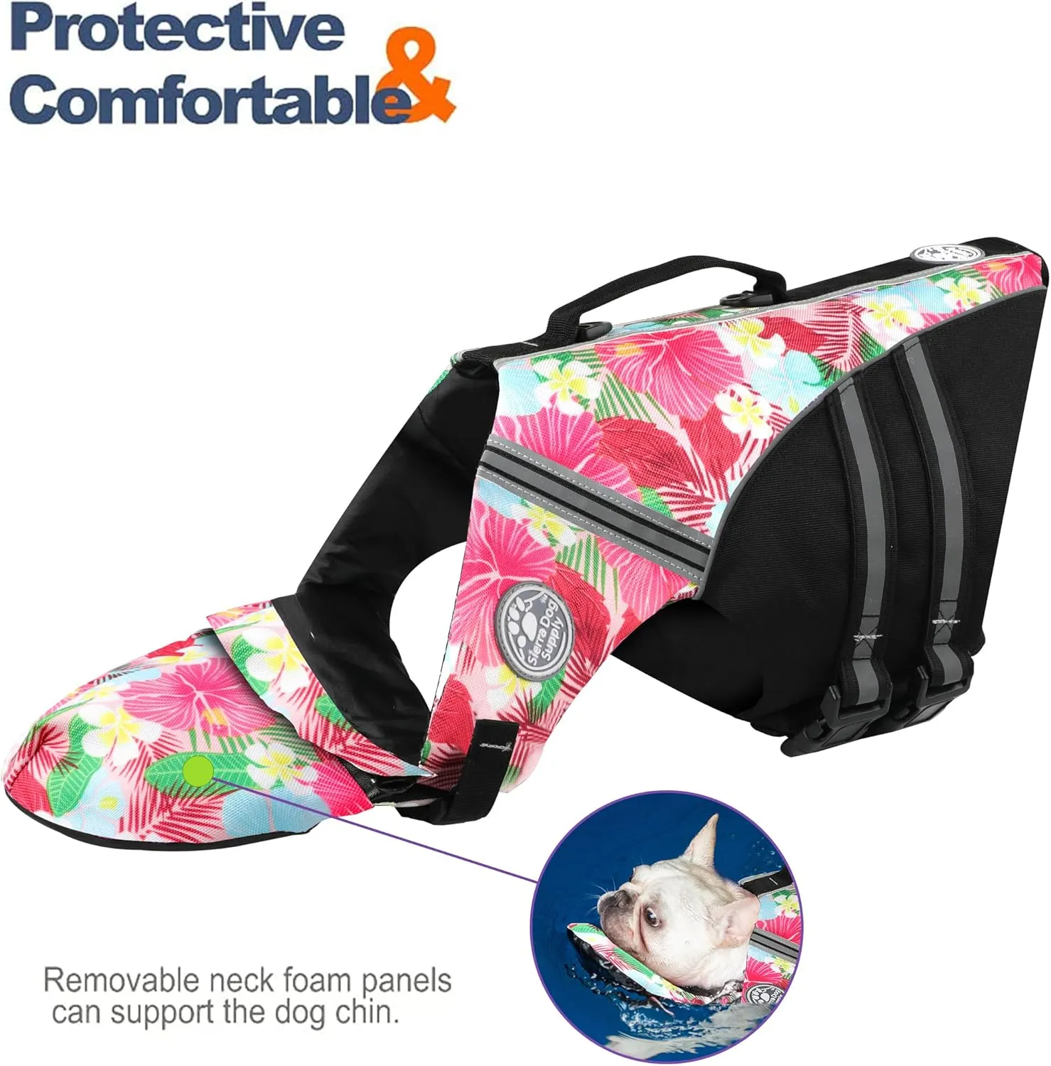 French Bulldog Life Jacket, Life Vest with Chin Float Rescue Handle for Corgi Pug, Adjustable High Visibility Flotation Swim Vest for Swimming Boating (Floral Pink)