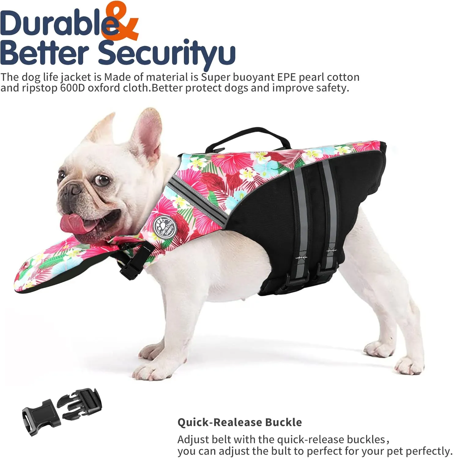 French Bulldog Life Jacket, Life Vest with Chin Float Rescue Handle for Corgi Pug, Adjustable High Visibility Flotation Swim Vest for Swimming Boating (Floral Pink)