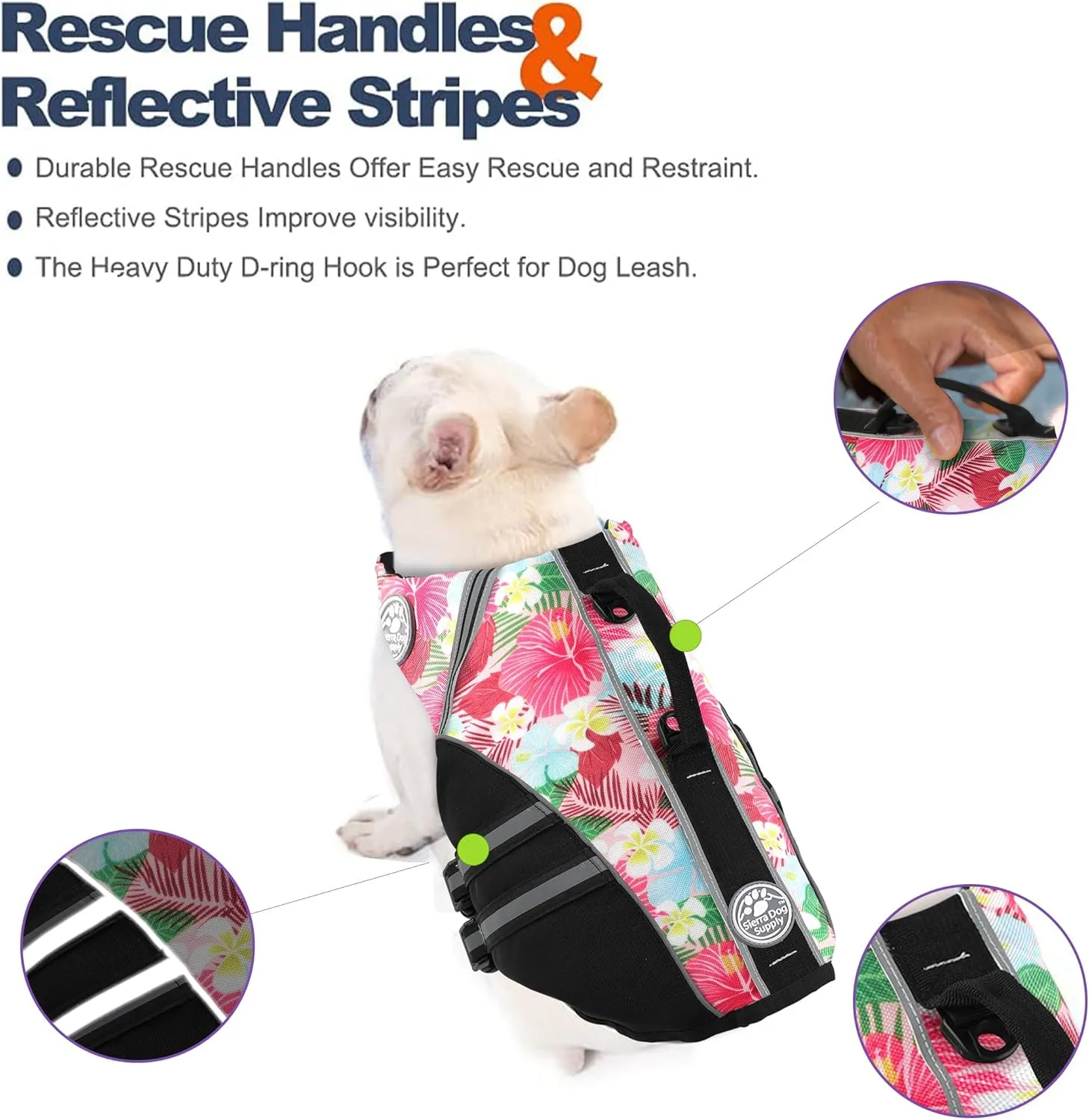 French Bulldog Life Jacket, Life Vest with Chin Float Rescue Handle for Corgi Pug, Adjustable High Visibility Flotation Swim Vest for Swimming Boating (Floral Pink)