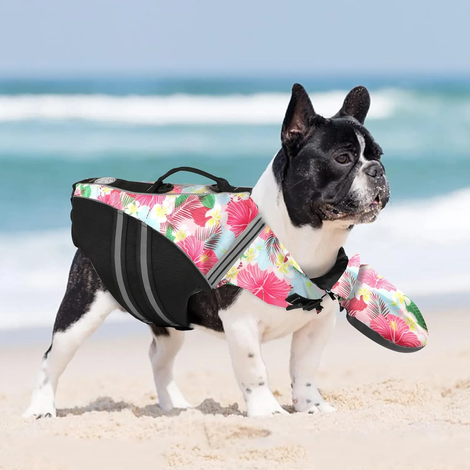 French Bulldog Life Jacket, Life Vest with Chin Float Rescue Handle for Corgi Pug, Adjustable High Visibility Flotation Swim Vest for Swimming Boating (Floral Pink)