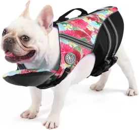 French Bulldog Life Jacket, Life Vest with Chin Float Rescue Handle for Corgi Pug, Adjustable High Visibility Flotation Swim Vest for Swimming Boating (Floral Pink)
