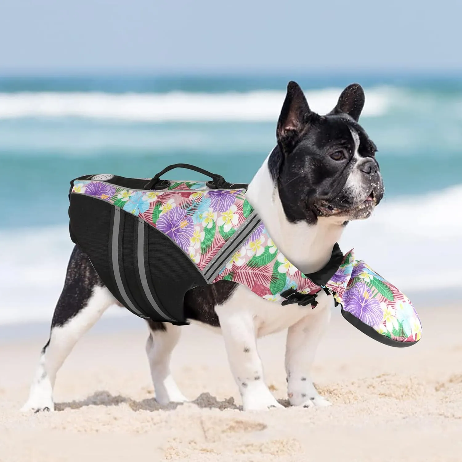 French Bulldog Life Jacket, Life Vest with Chin Float Rescue Handle for Corgi Pug, Adjustable High Visibility Flotation Swim Vest for Swimming Boating (Floral Purple)