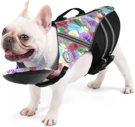 French Bulldog Life Jacket, Life Vest with Chin Float Rescue Handle for Corgi Pug, Adjustable High Visibility Flotation Swim Vest for Swimming Boating (Floral Purple)