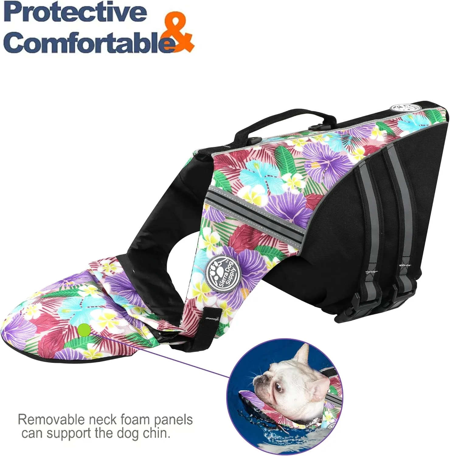 French Bulldog Life Jacket, Life Vest with Chin Float Rescue Handle for Corgi Pug, Adjustable High Visibility Flotation Swim Vest for Swimming Boating (Floral Purple)