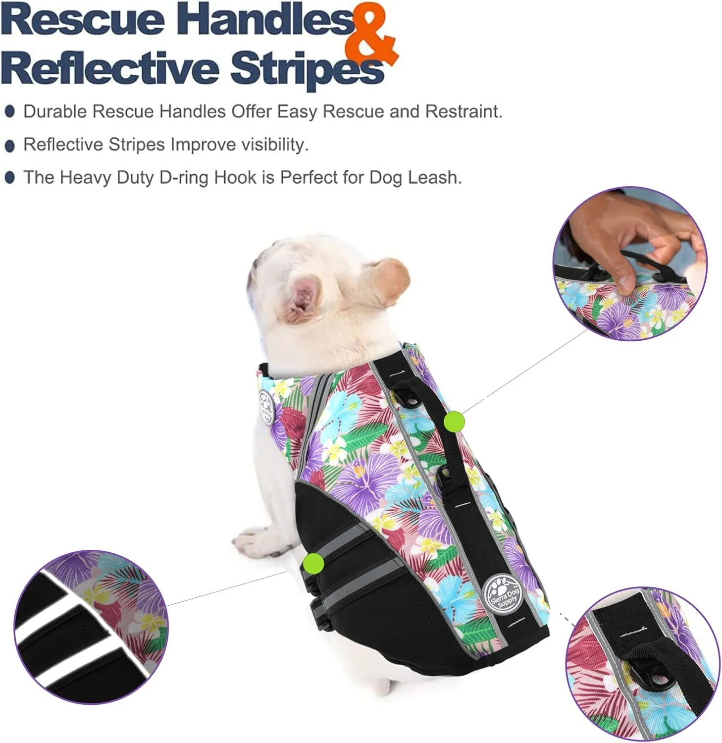 French Bulldog Life Jacket, Life Vest with Chin Float Rescue Handle for Corgi Pug, Adjustable High Visibility Flotation Swim Vest for Swimming Boating (Floral Purple)