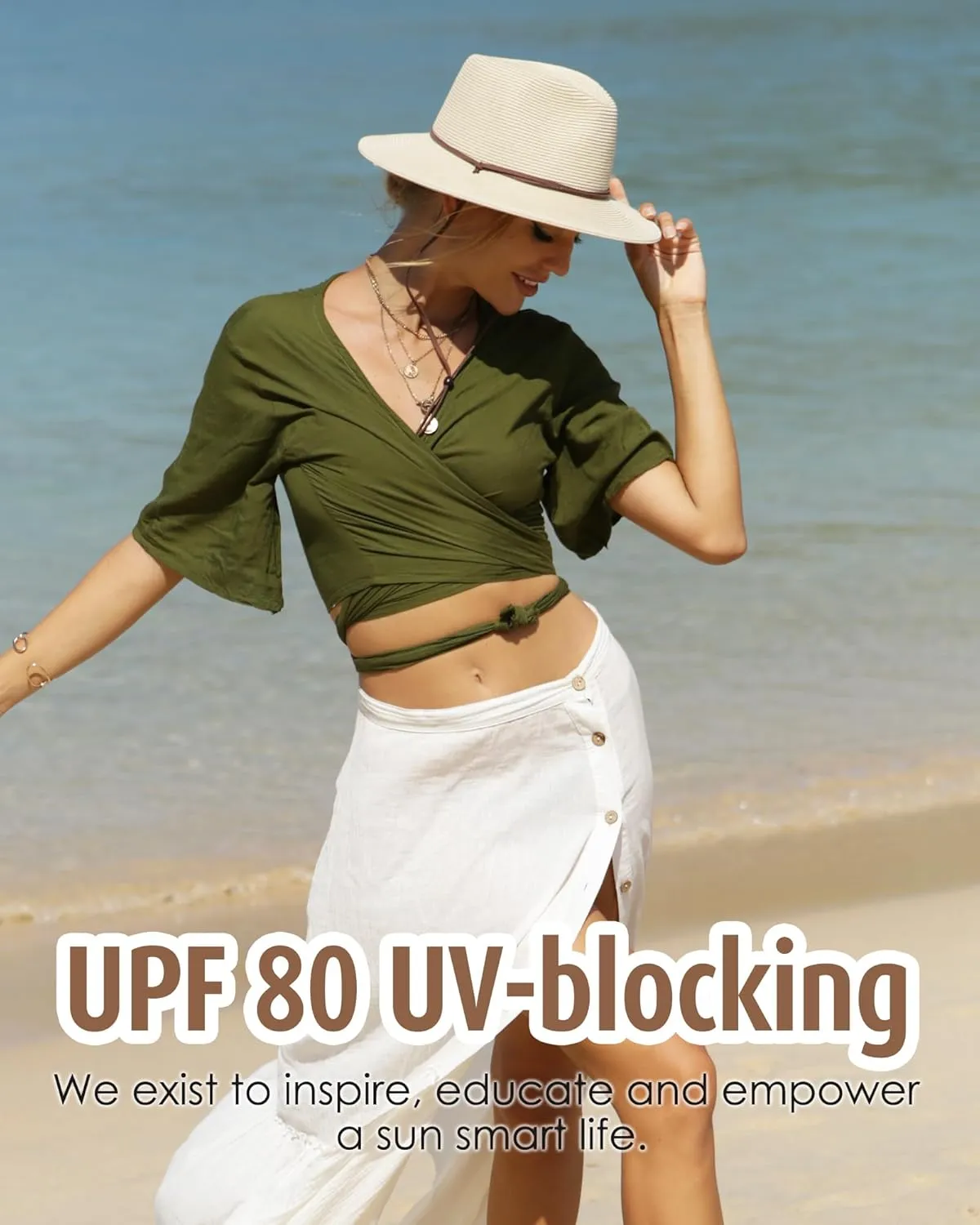 FURTALK Womens Summer Straw Sun Hats Wide Brim Panama Fedora Beach Hat with Wind Lanyard UPF 80 