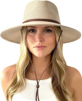 FURTALK Womens Summer Straw Sun Hats Wide Brim Panama Fedora Beach Hat with Wind Lanyard UPF 80 