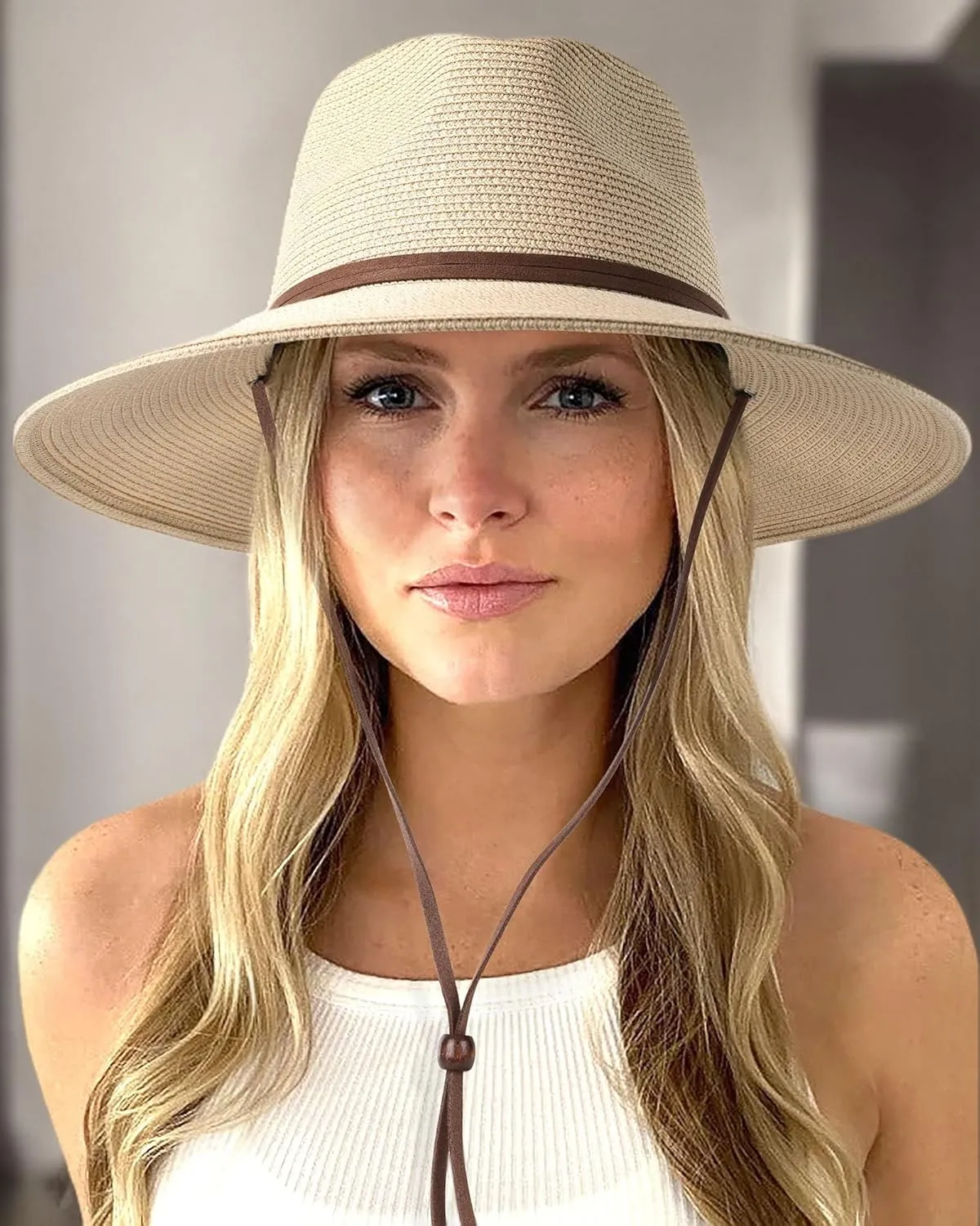 FURTALK Womens Summer Straw Sun Hats Wide Brim Panama Fedora Beach Hat with Wind Lanyard UPF 80 