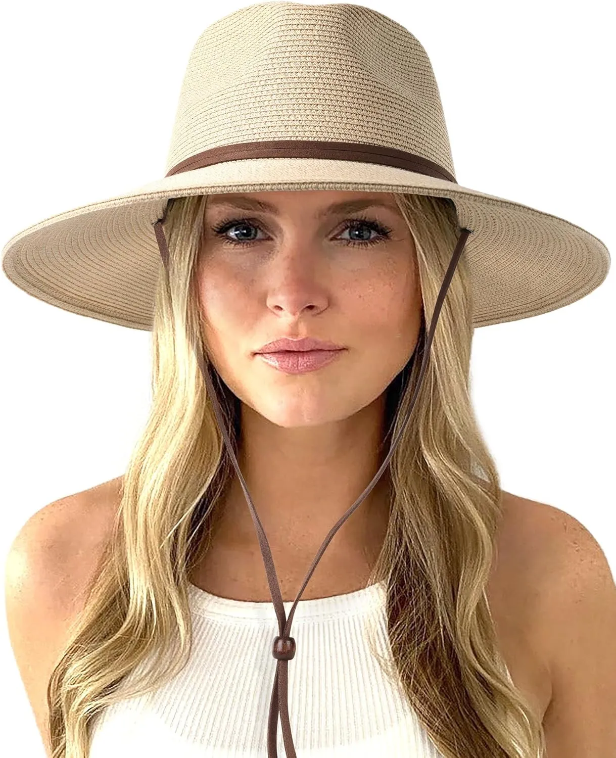 FURTALK Womens Summer Straw Sun Hats Wide Brim Panama Fedora Beach Hat with Wind Lanyard UPF 80 