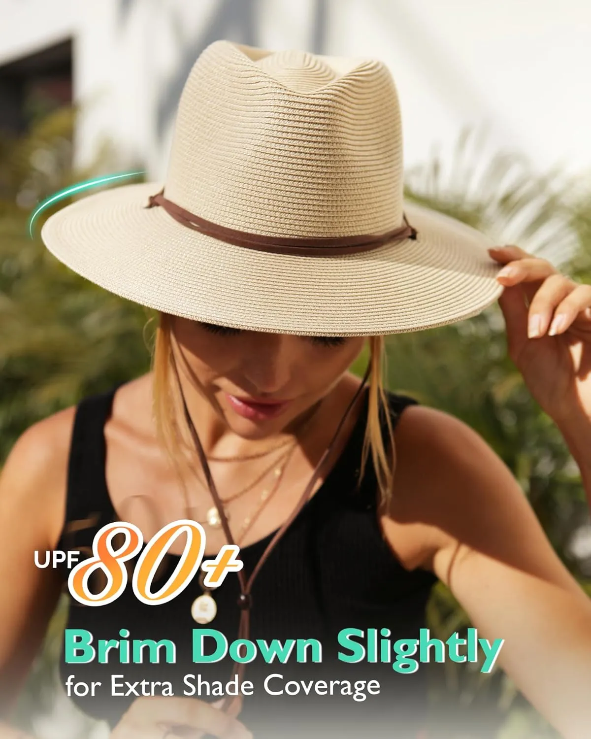FURTALK Womens Summer Straw Sun Hats Wide Brim Panama Fedora Beach Hat with Wind Lanyard UPF 80 