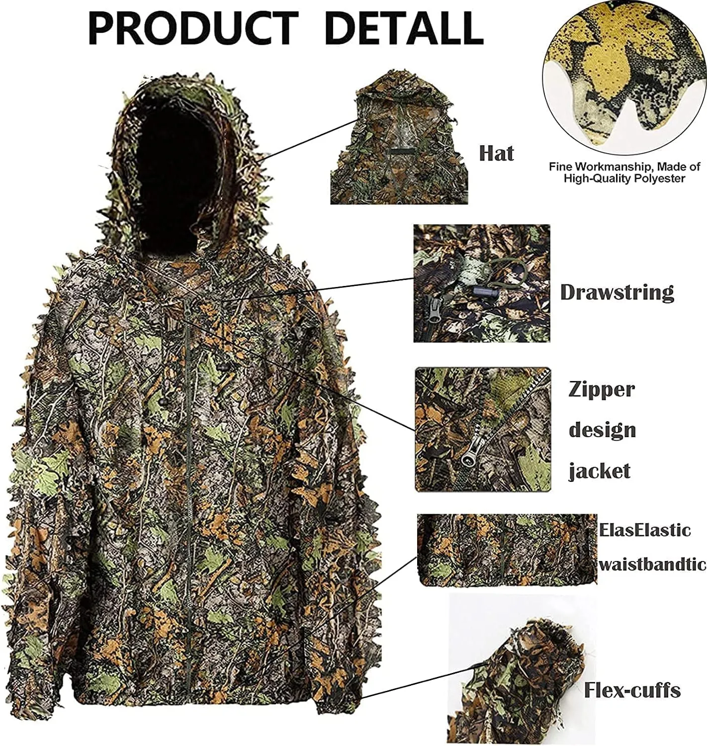 Ghillie Suit, 3D Leafy Camo Hunting Suits Breathable Woodland Gillies Costume Jungle Clothing