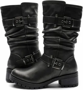 GLOBALWIN Women's Mid Calf Dress Boots Biker Motorcycle Riding Boots Women For Women