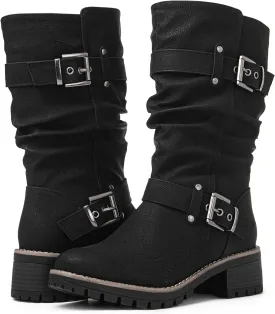 GLOBALWIN Women's Mid Calf Dress Boots Biker Motorcycle Riding Boots Women For Women